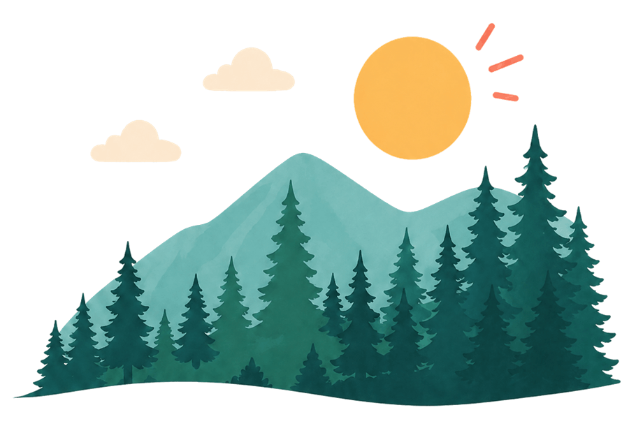 Illustration of a mountain scene with the sun and clouds above