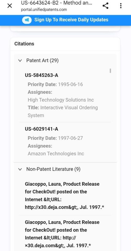 Amazon patent US-6643624-B2 citing Giacoppo, Laura — CheckOut! press release, 1997