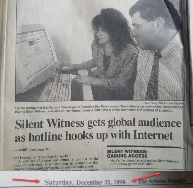 Arizona Republic, December 31, 1994 — Silent Witness gets global audience as hotline hooks up with Internet