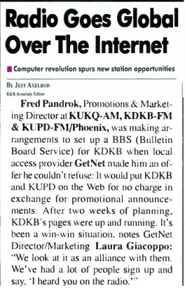 1995 trade article — KDKB and KUPD go online, Laura Giacoppo quoted
